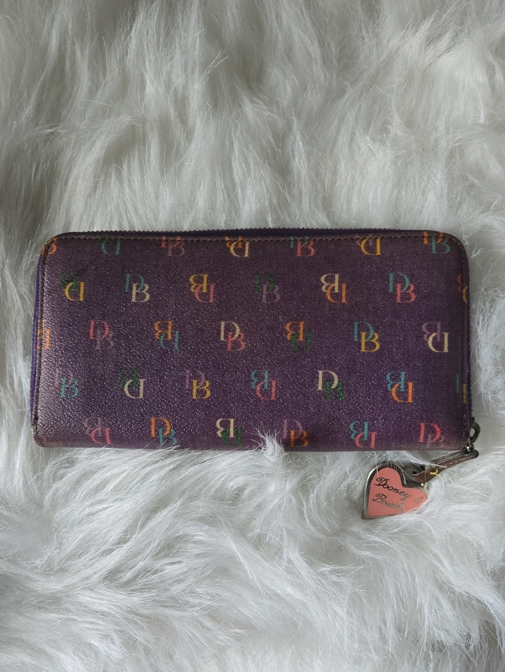 Dooney & Bourke Purple Multicolor DB Zip Around Wallet with Heart Charm